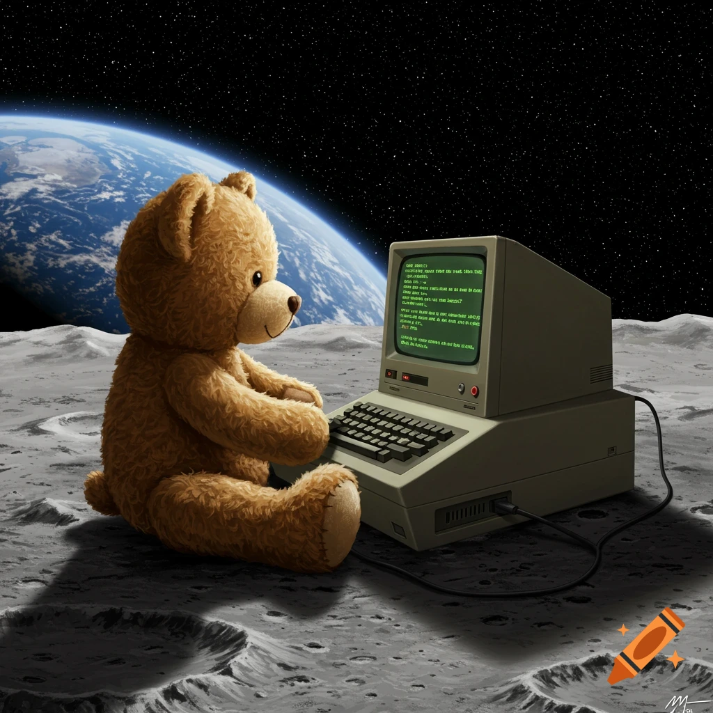 A brown teddy bear sits on the moon's surface, typing on a vintage computer, with Earth and stars in the background.