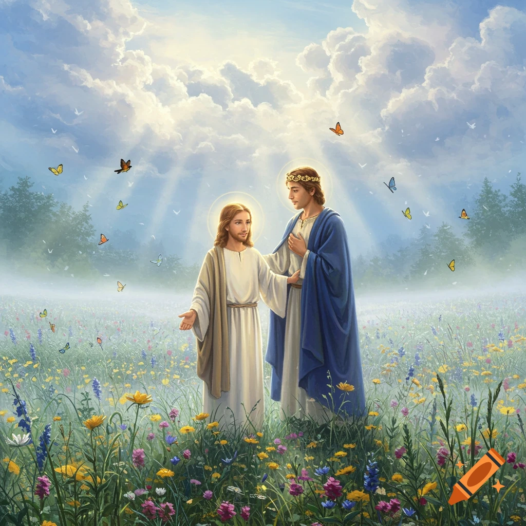 Jesus and another figure with a crown stand in a field of wildflowers under a cloudy, sun-dappled sky with butterflies.