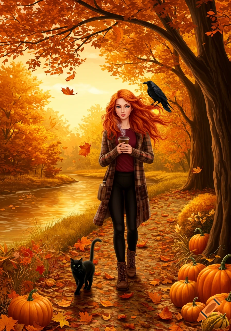 Digital illustration of a redheaded woman walking an autumn path with a black cat, raven, river, and pumpkins.