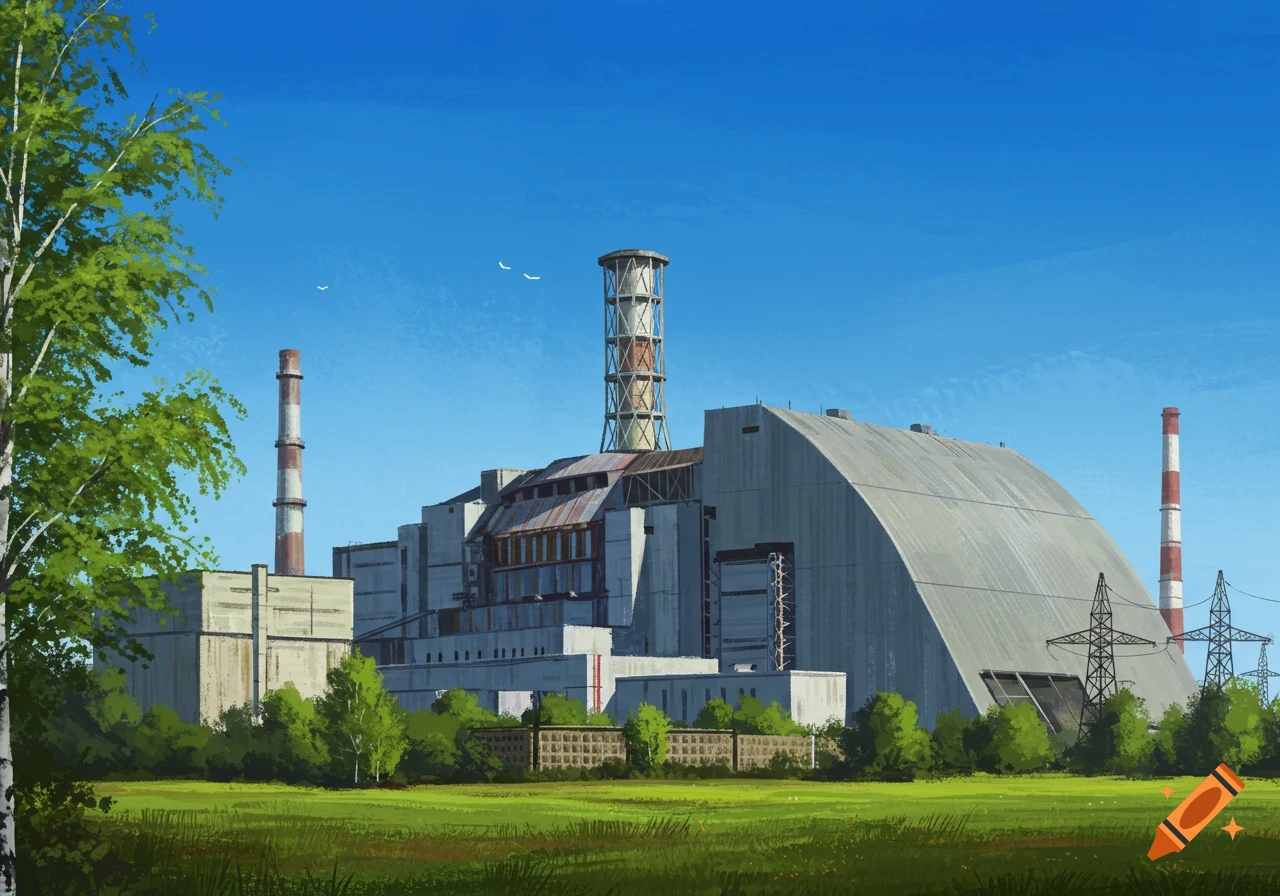 Digital painting of the Chernobyl nuclear power plant with its sarcophagus and tall stacks, surrounded by green fields and trees under a blue sky.