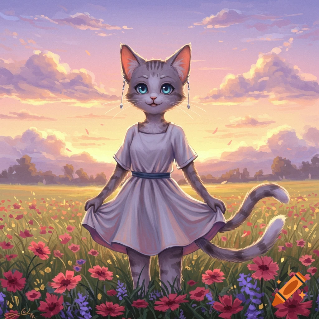 An anthropomorphic gray tabby cat girl with large blue eyes and a white dress stands in a vibrant flower field at sunset, in an illustrated style.