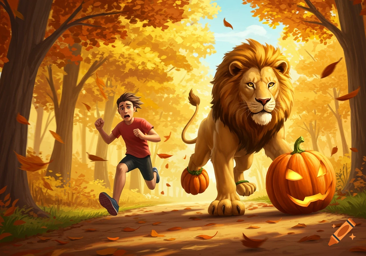 Cartoon illustration of a boy running from a lion and pumpkins in an autumn forest.