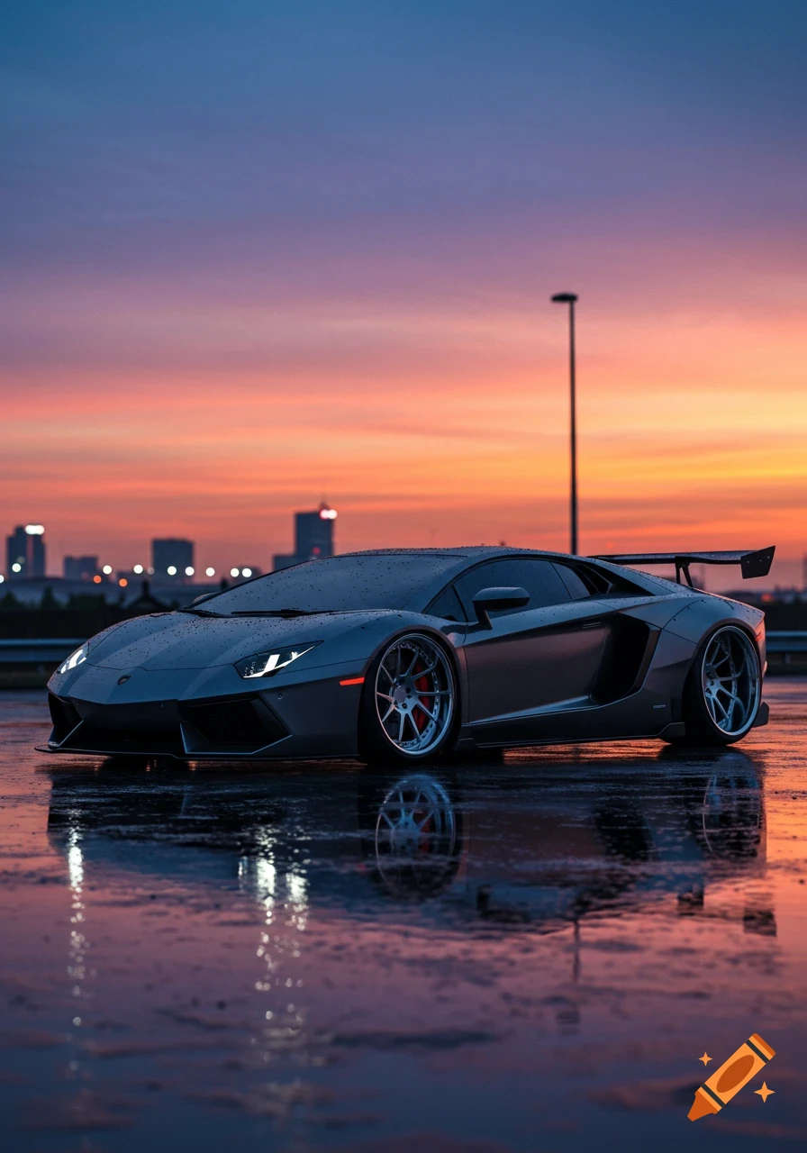 A grey Lamborghini Aventador on a wet road at sunset with a city skyline in the background, showing reflections on the pavement.
