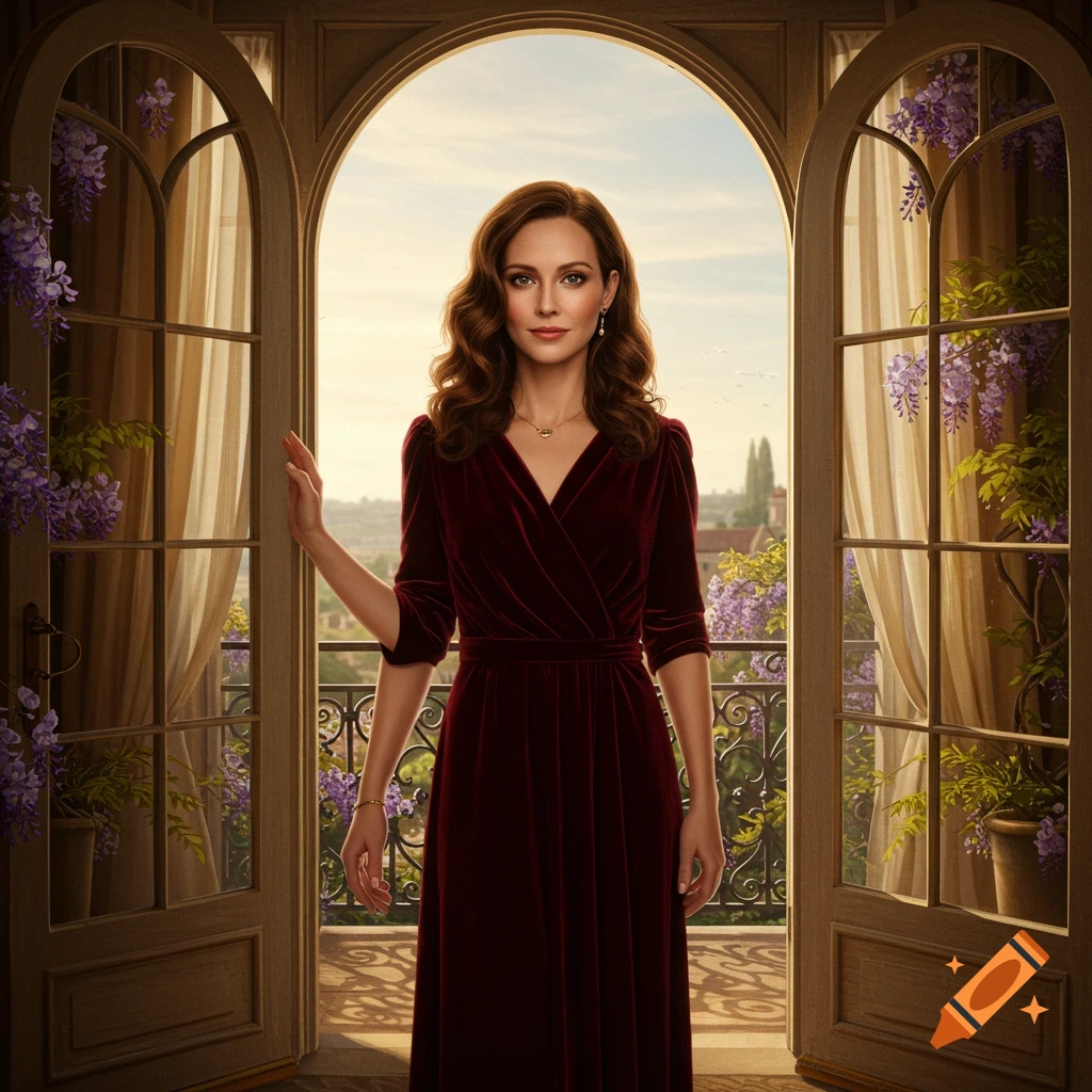 A woman in a dark red velvet dress stands in an arched doorway leading to a balcony with wisteria vines and a city view.