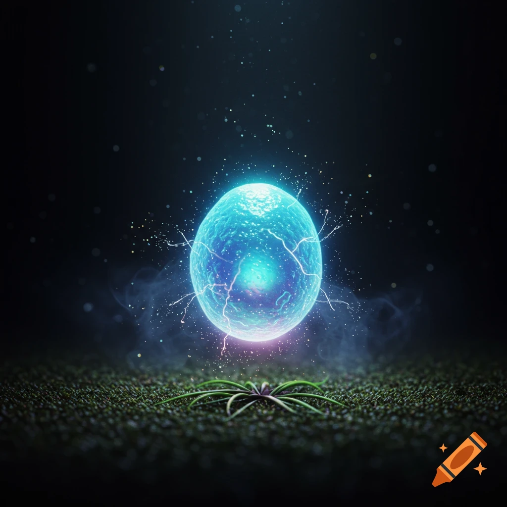 A glowing blue and purple ethereal orb with electrical tendrils hovers above dark green ground and a small plant, against a starry dark background.