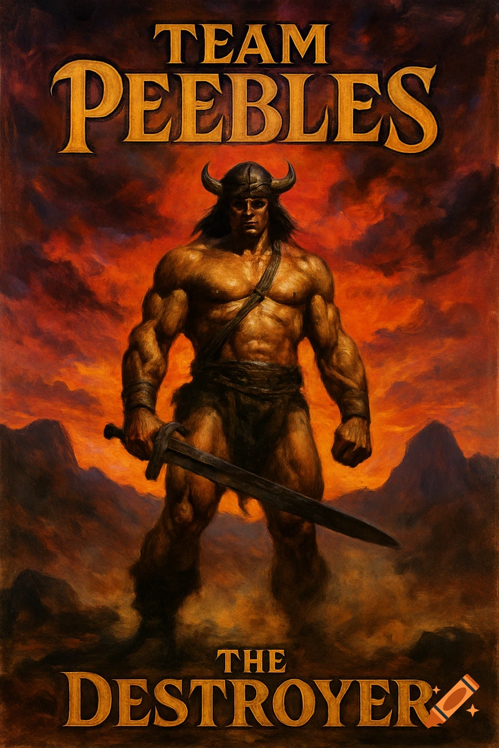 A Frank Frazetta-style painting of a muscular barbarian warrior in a horned helmet holding a sword, with a fiery sky background. Text reads 'TEAM PEEBLES THE DESTROYER'.