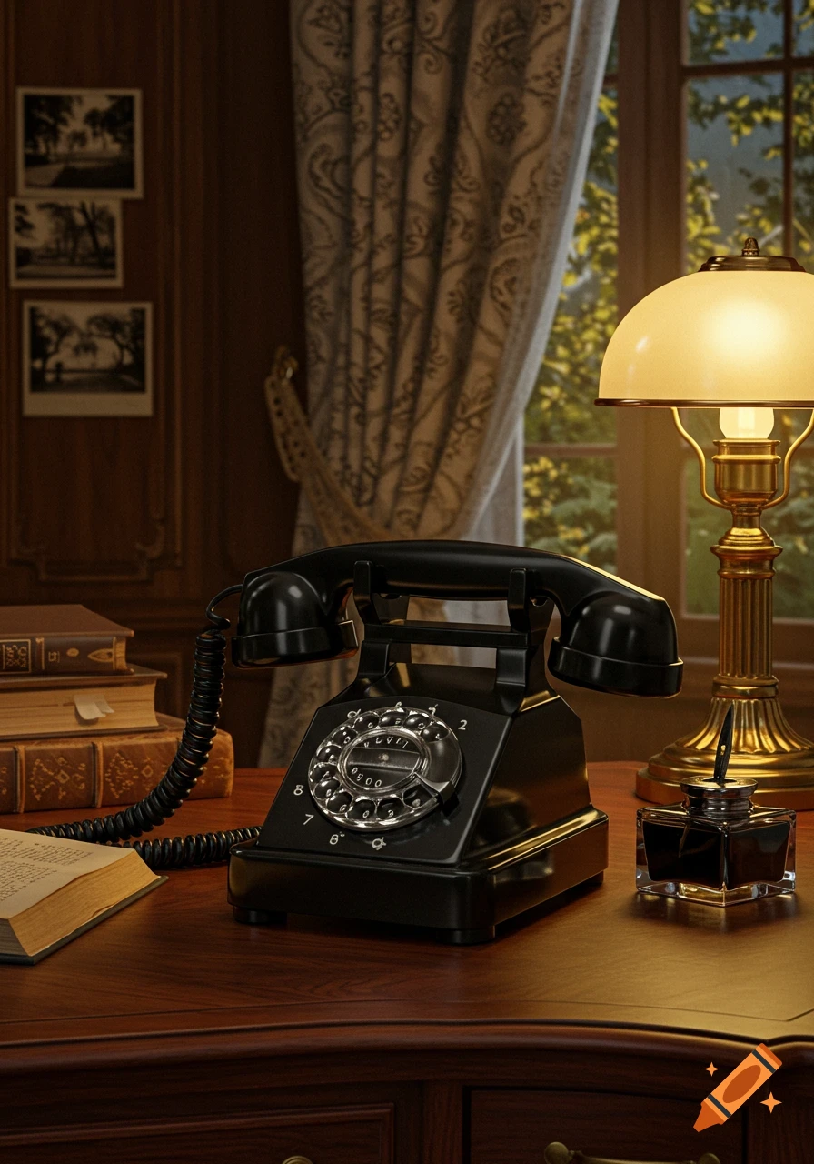 A vintage black rotary telephone sits on a wooden desk with stacked books, an antique lamp, and an inkwell. Photorealistic.