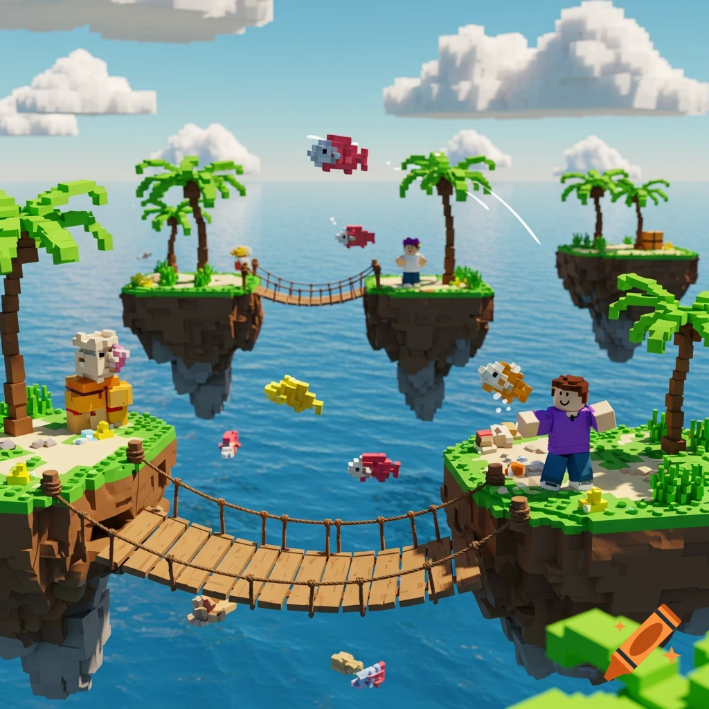 Colorful voxel art scene with blocky characters throwing pixelated fish between floating islands, palm trees, and bridges over an ocean.