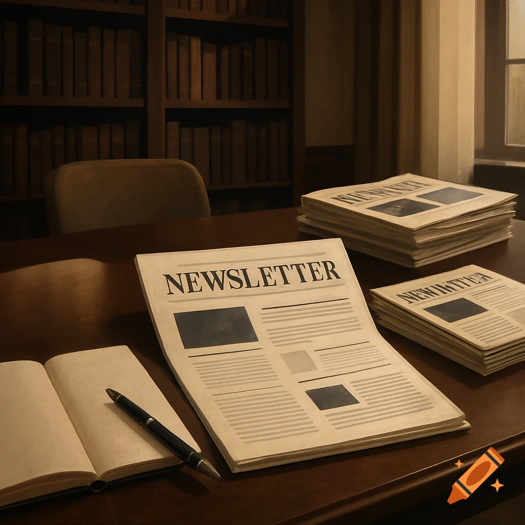 A warm-toned study desk with an open newsletter, a pen, an open book, and stacks of newspapers.
