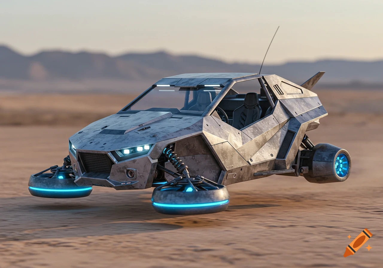 A rugged, angular, metallic futuristic hover vehicle with glowing blue thrusters on a sandy desert plain.