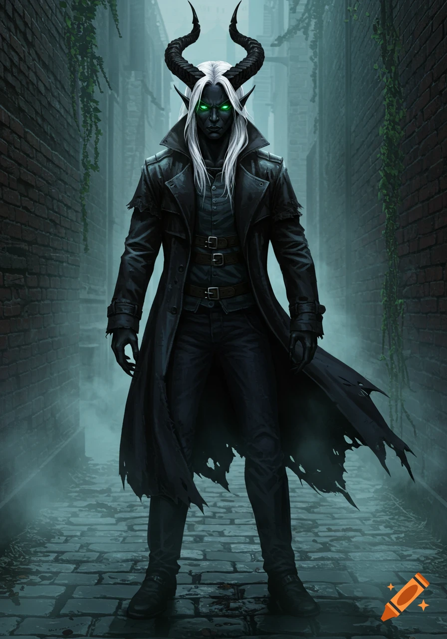 A horned daemon with dark skin, white hair, and glowing green eyes stands in a misty alley, wearing a long black trench coat.