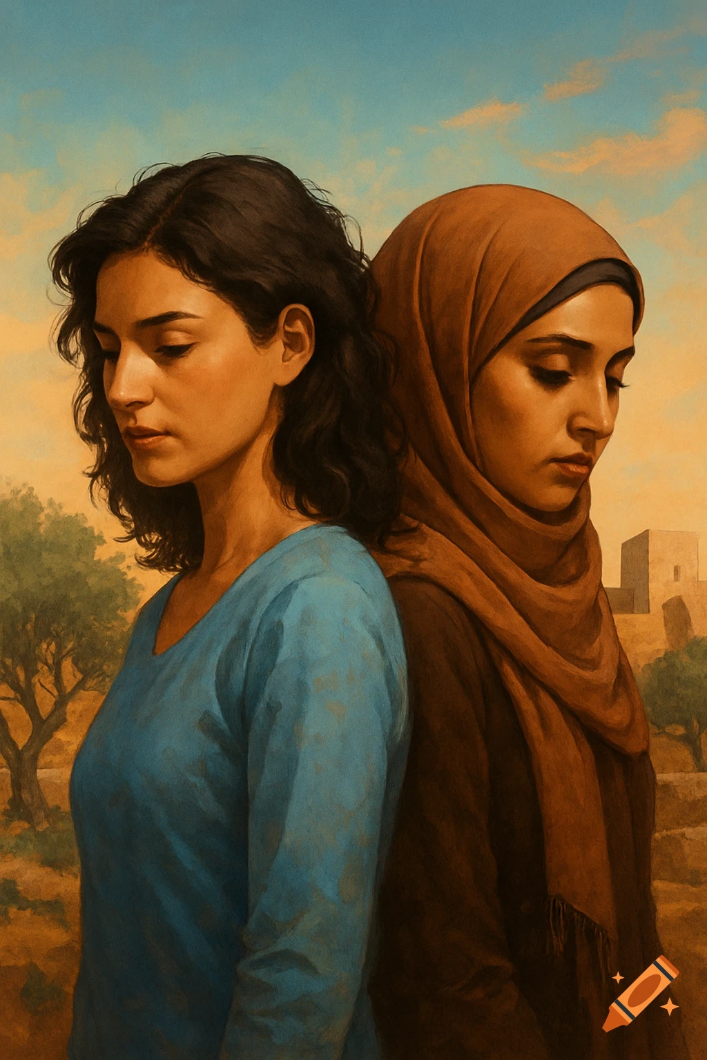 Two women stand back to back, one in blue, one in a brown hijab, both looking down in a painted, warm-toned desert scene.
