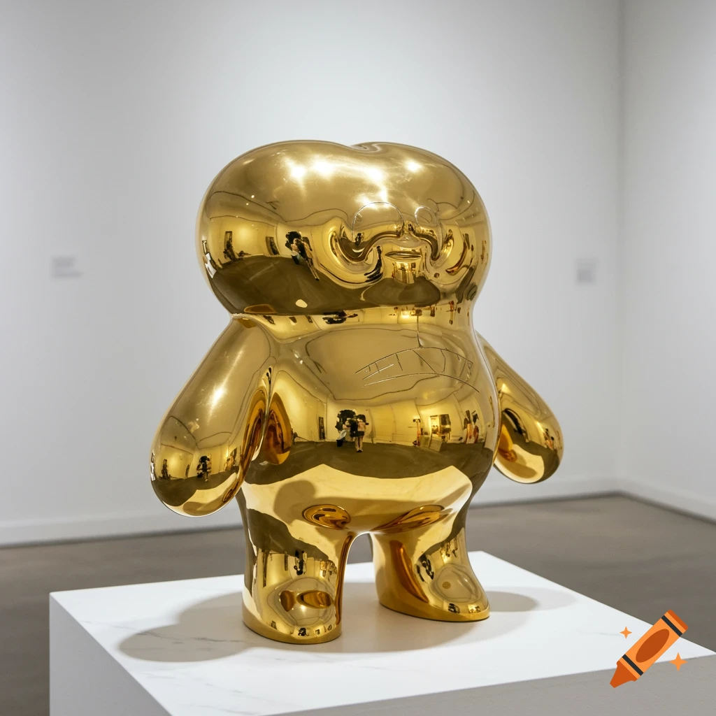 A shiny golden sculpture of a round, cartoon-like figure on a white pedestal in an art gallery.