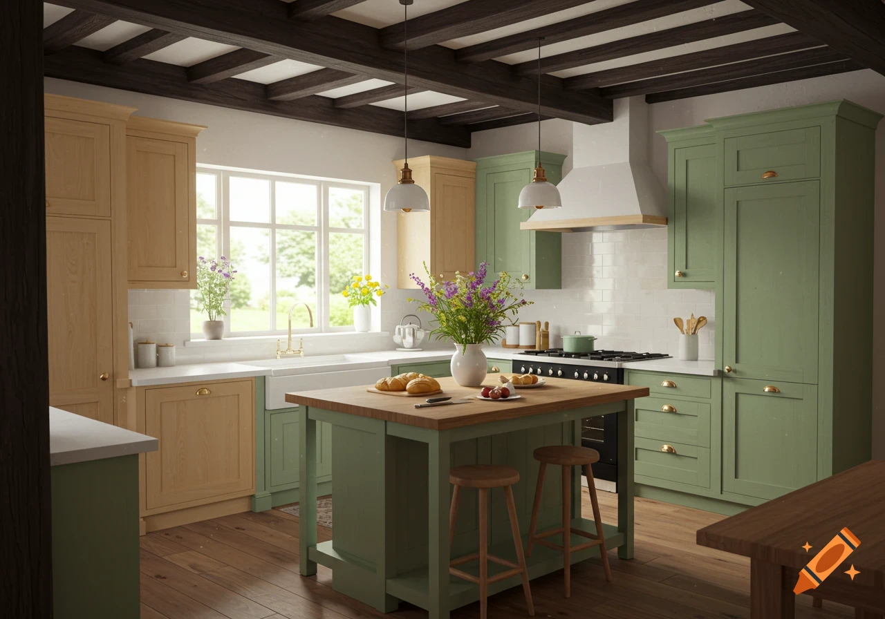 Photorealistic kitchen with dark wood beams, green and light wood cabinets, white countertops, a kitchen island, and a window.