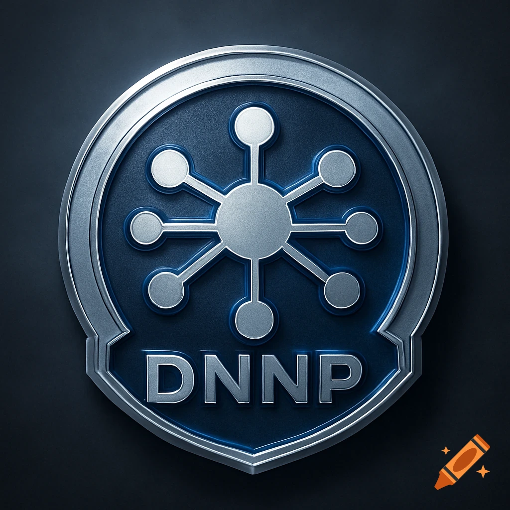 A metallic silver and dark blue shield-shaped badge with a network symbol and the letters DNNP embossed on it, against a dark background.