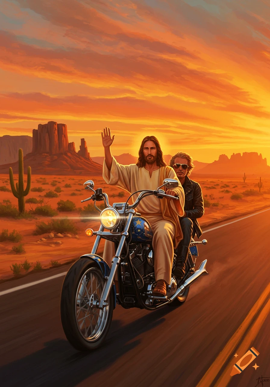 Jesus waves from a chopper motorcycle with a passenger, riding on a desert road at sunset with mountains and cacti in the background.
