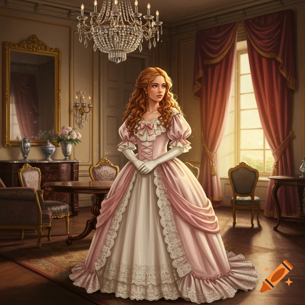 A digital painting of a strawberry blonde woman in an elaborate pink 1840s gown and gloves, standing in an opulent room with a chandelier.