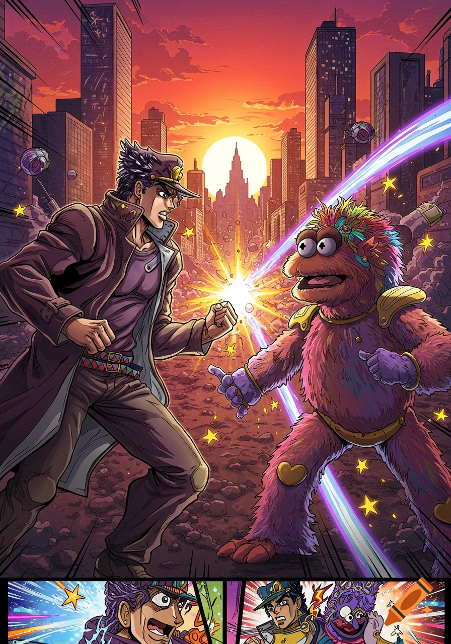 Jotaro Kujo battles a furry, muppet-like monster in a vibrant comic art style city scene at sunset, with an energy blast.