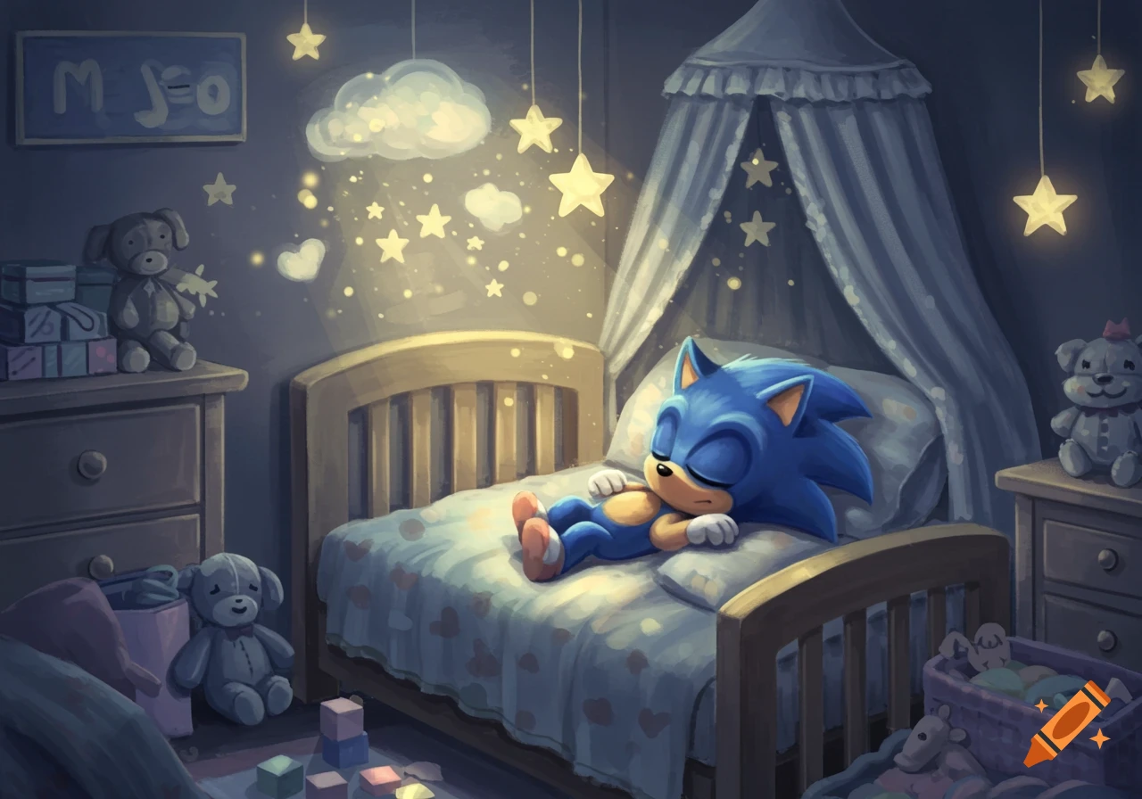 Baby Sonic sleeps peacefully in a cozy, star-lit nursery with stuffed animals and a canopy bed, in an illustrated style.