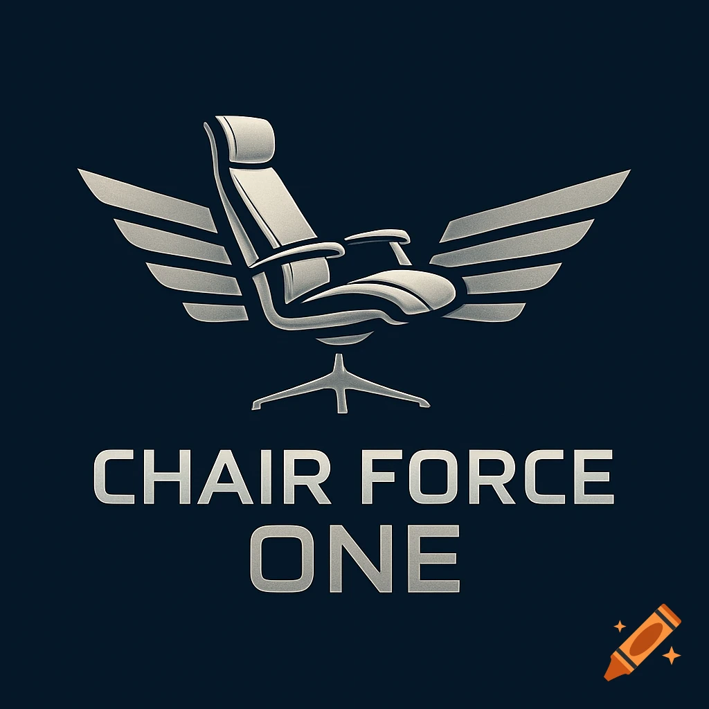 A modern logo featuring an ergonomic office chair with large wings on either side, above the text "CHAIR FORCE ONE" in a clean, metallic font.