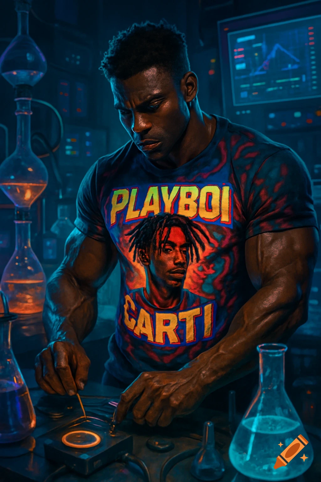 A muscular man in a 'Playboi Carti' shirt works intently in a dark, neon-lit science lab surrounded by glowing beakers.
