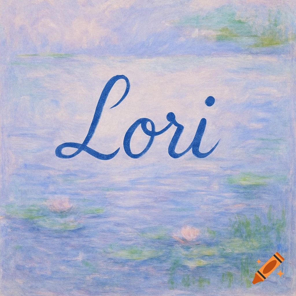The name 'Lori' in blue script against a Monet-style painting of a water lily pond.