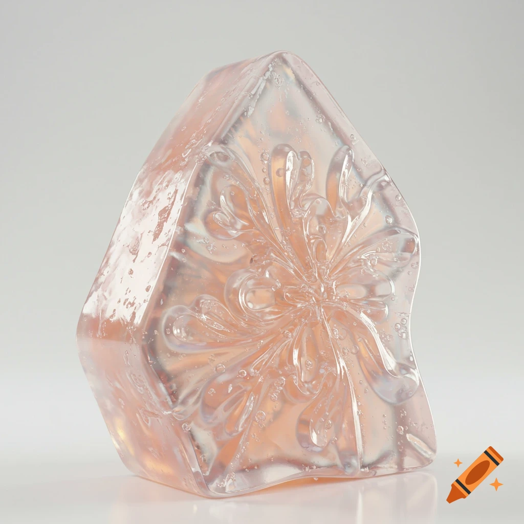 A translucent, peach-colored distorted trapezoid object with intricate clear floral patterns and bubbles, on a white background.