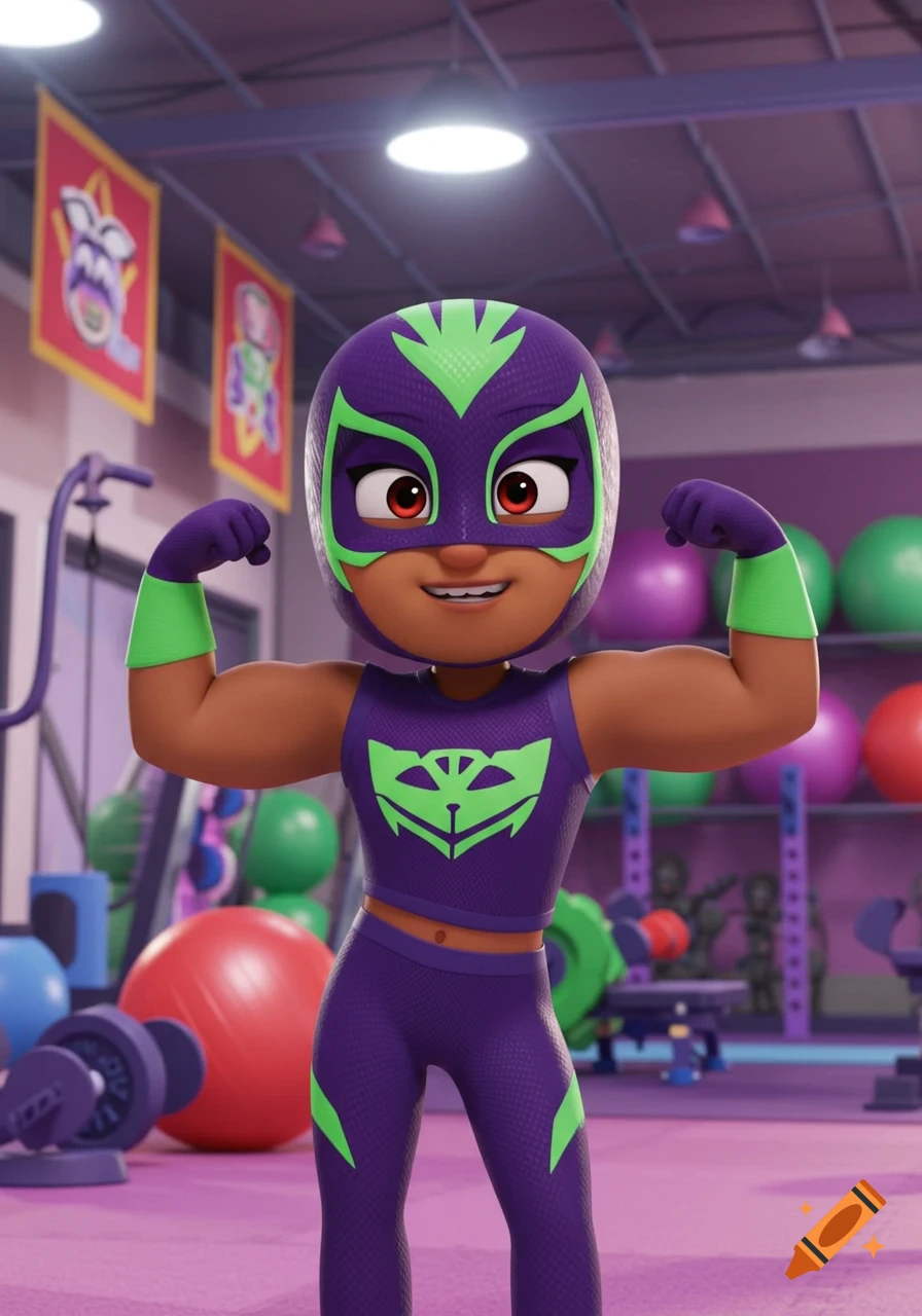 A cartoon female masked wrestler in a purple and green suit flexing her muscles in a gym.