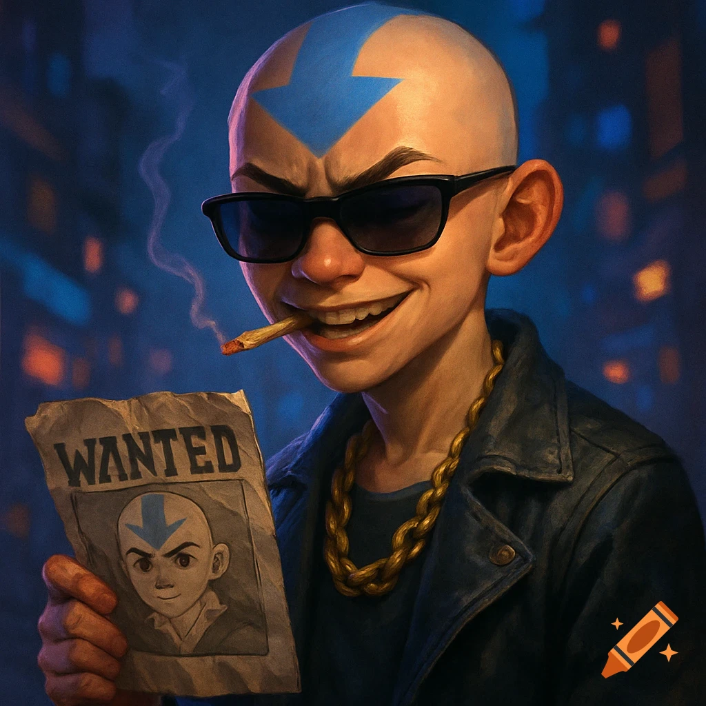 Stylized Aang with shades, gold chain, cigarette, and a wanted poster featuring his cartoon self.