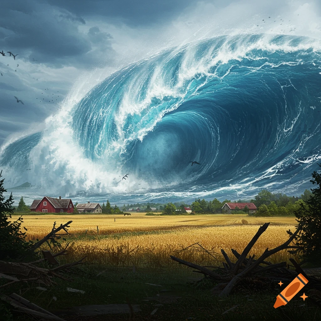 A colossal, photorealistic tsunami wave crashes over a golden field with red farmhouses under a stormy sky.