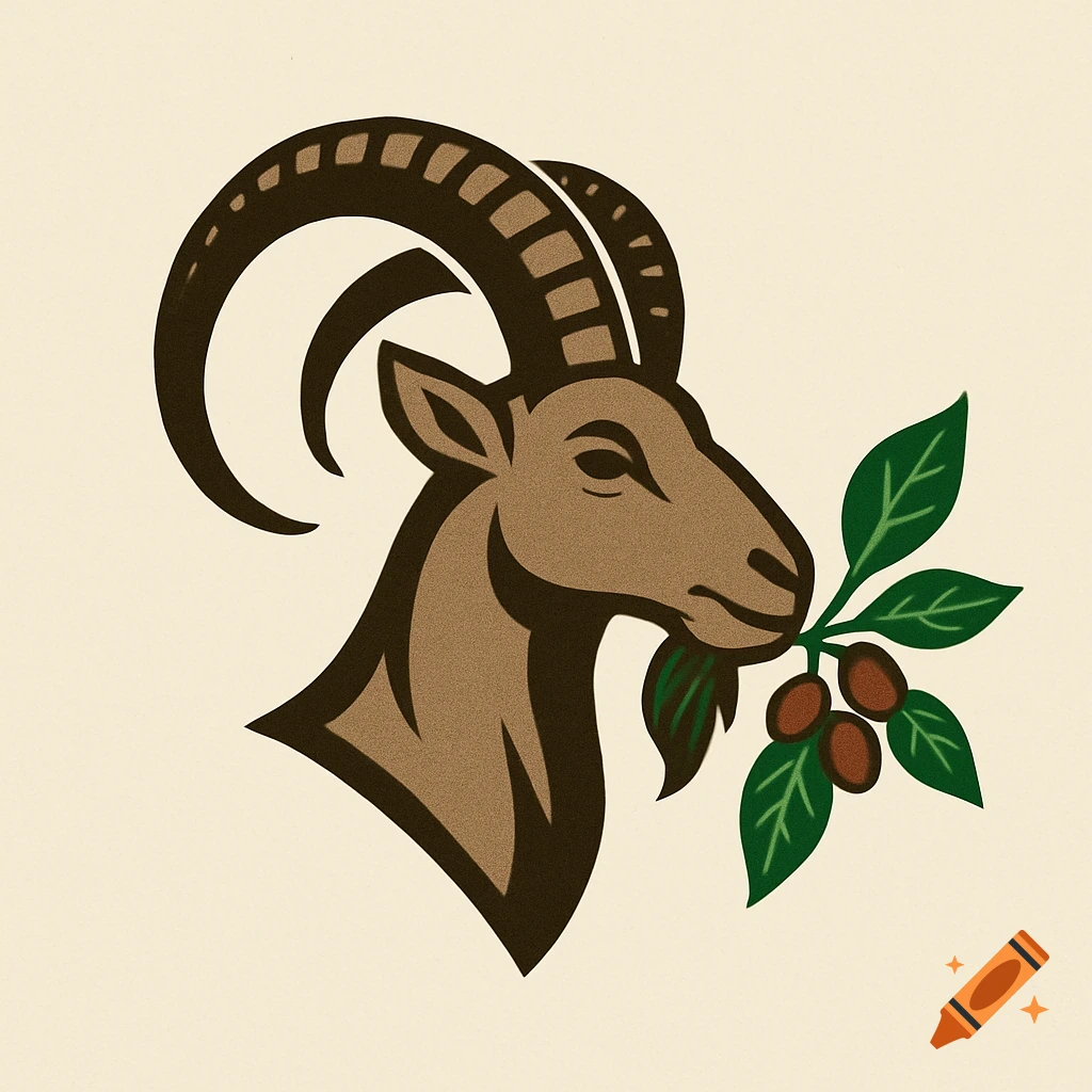 A stylized logo of a brown ibex head with large horns, holding a coffee branch with red berries and green leaves in its mouth.