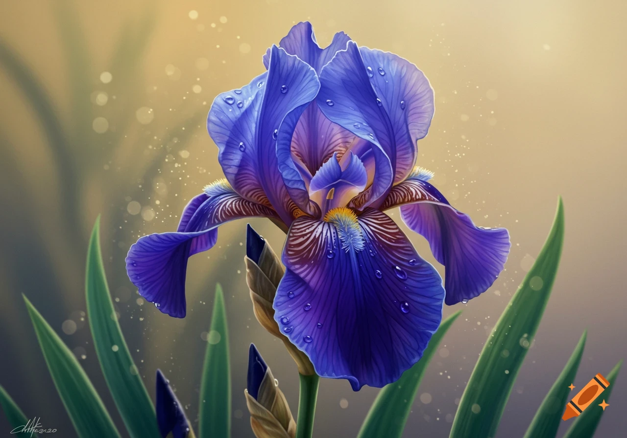 A vibrant purple iris flower with water droplets on its petals, set against a soft, warm bokeh background.