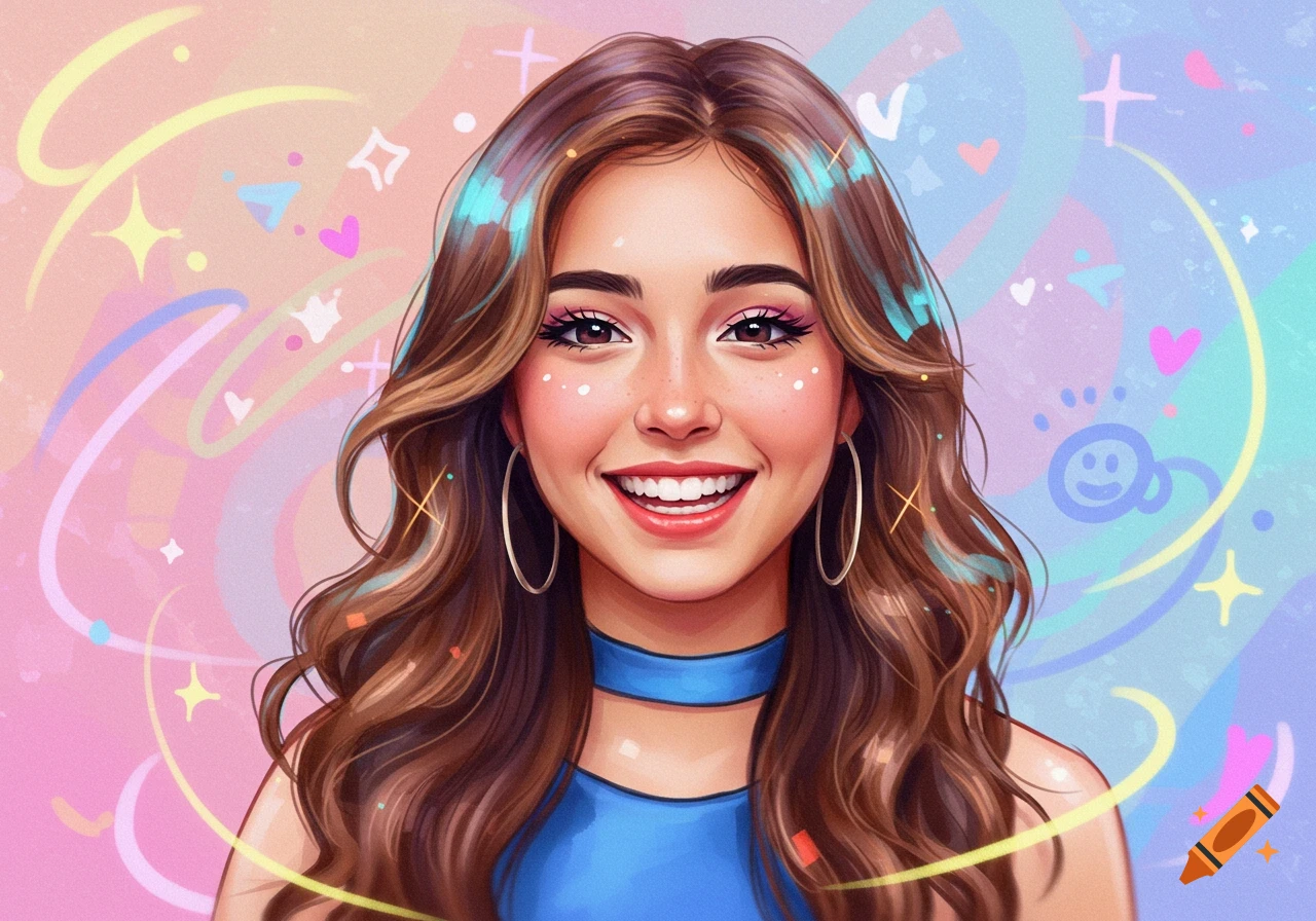 Stylized digital art portrait of a smiling young woman with long brown hair and a blue top, set against a colorful pastel background with sparkles.