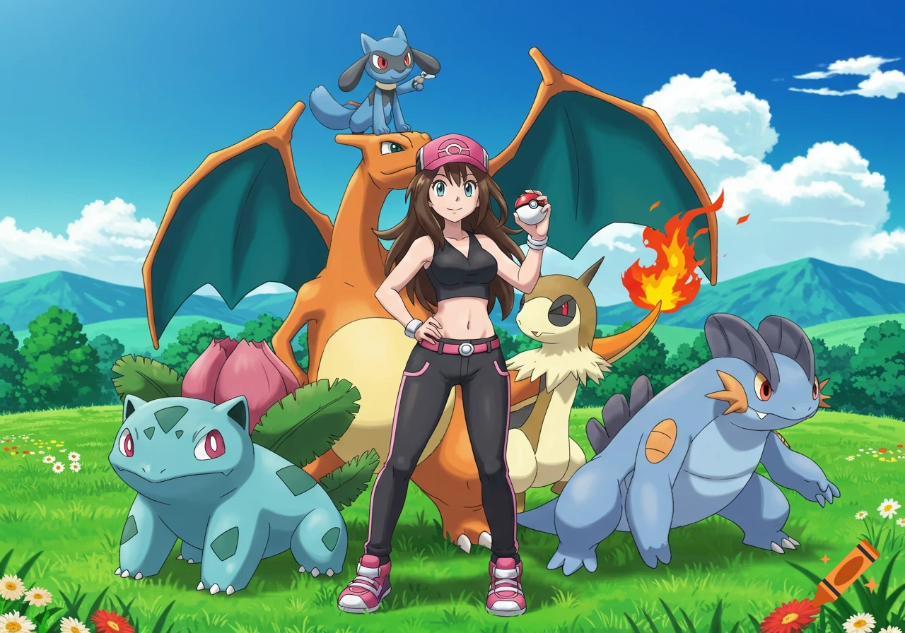 An anime female Pokémon trainer with brown hair and a pink cap stands with her Pokémon, including Charizard, Riolu, Bulbasaur, Quilava-like, and Swampert, in a grassy field under a blue sky.