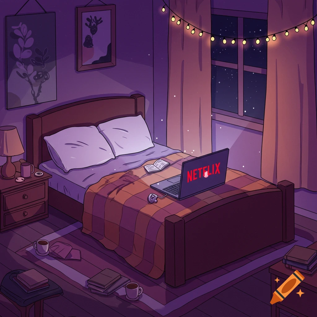 A cozy cartoon bedroom at night with purple lighting, string lights, and a laptop open to Netflix on the bed.