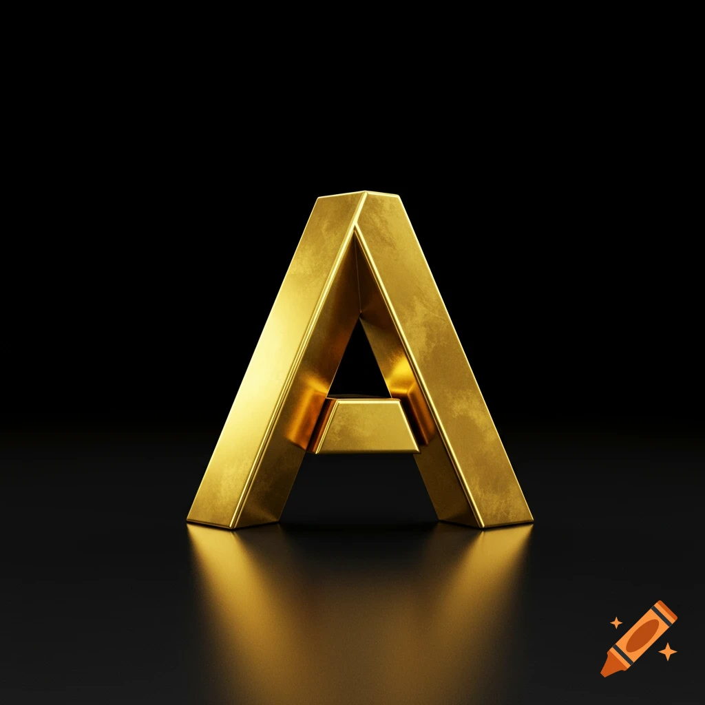 A shiny, textured golden uppercase letter A stands on a dark reflective surface with a highlight.