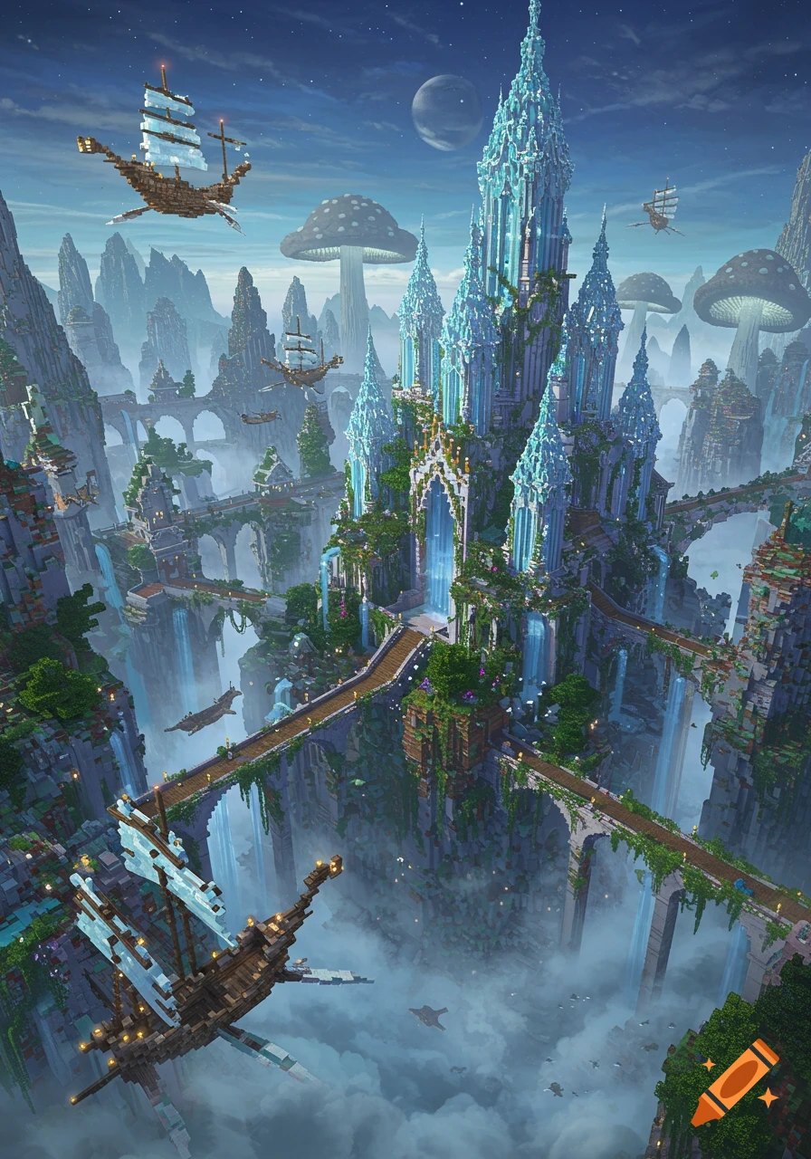 A detailed, blocky Minecraft-style fantasy landscape with a towering crystal castle, flying ships, and waterfalls.