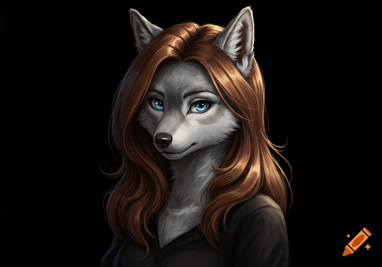 A female anthropomorphic gray wolf with long brown hair, blue eyes, and gray fur, depicted in a digital art style on a black background.