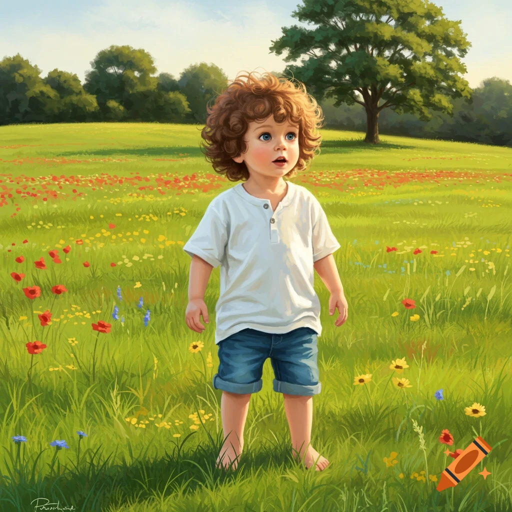 A young boy with curly brown hair stands barefoot in a bright, flower-filled green meadow, looking up with a curious expression. Illustration.