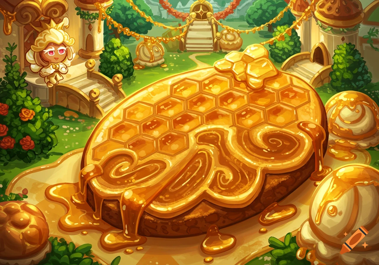 A cartoon cookie character in a royal honey-themed garden with a giant, honey-drenched waffle cake.
