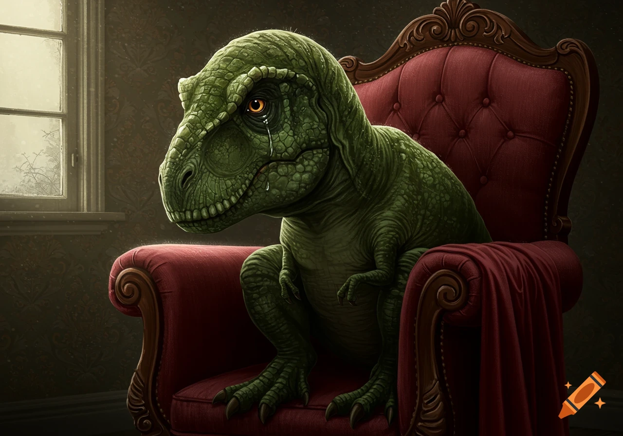 A sad green T-Rex with a tear in its eye sits on a plush red velvet armchair in a dimly lit room, looking out a window.