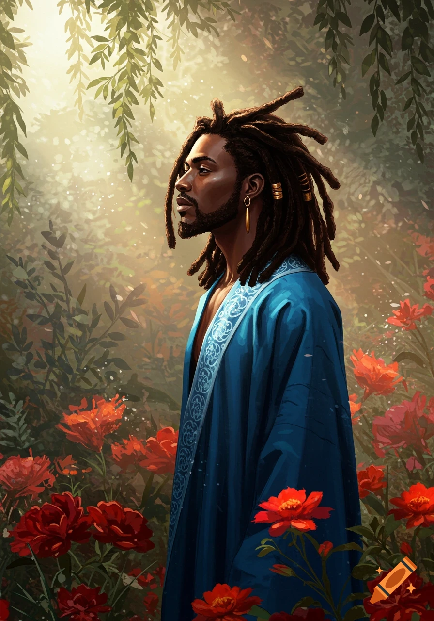 Illustrative portrait of a man with dreadlocks in a blue robe amidst a lush garden with red flowers.