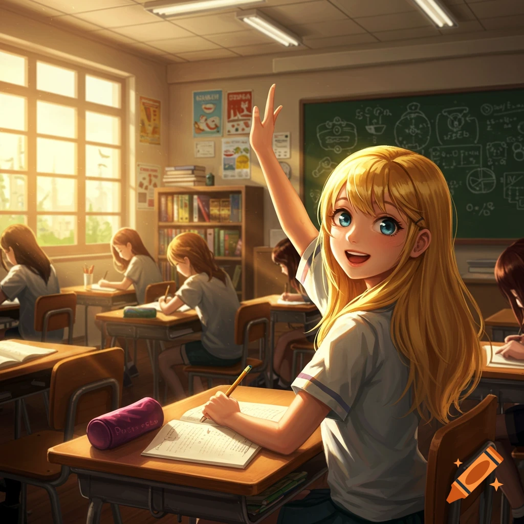An anime girl with long blonde hair raises her hand in a sunlit classroom, looking back with a smile. Other students are in the background.