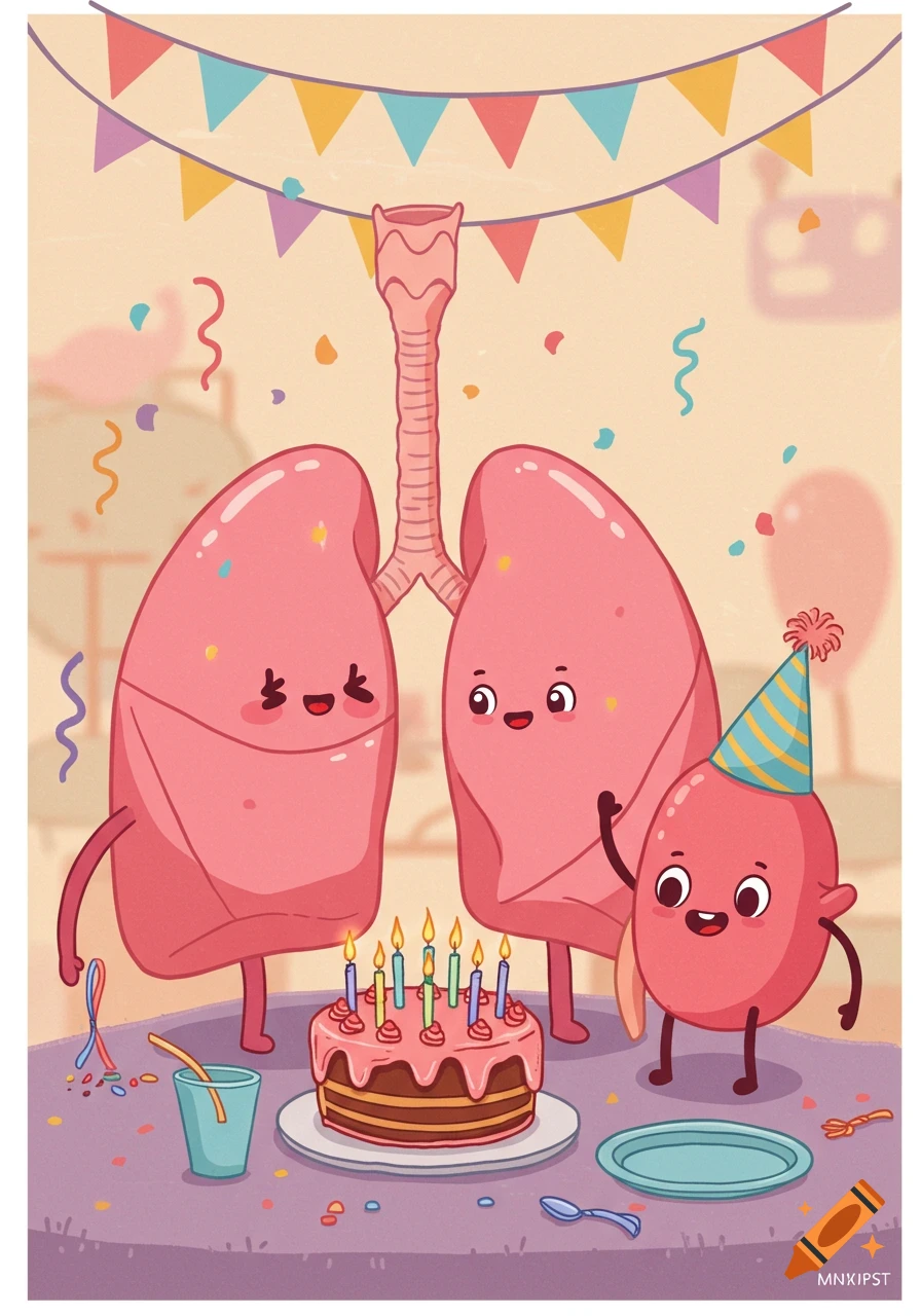 Cartoon illustration of two smiling lungs and a kidney with a party hat celebrating a birthday with a cake, candles, and confetti.