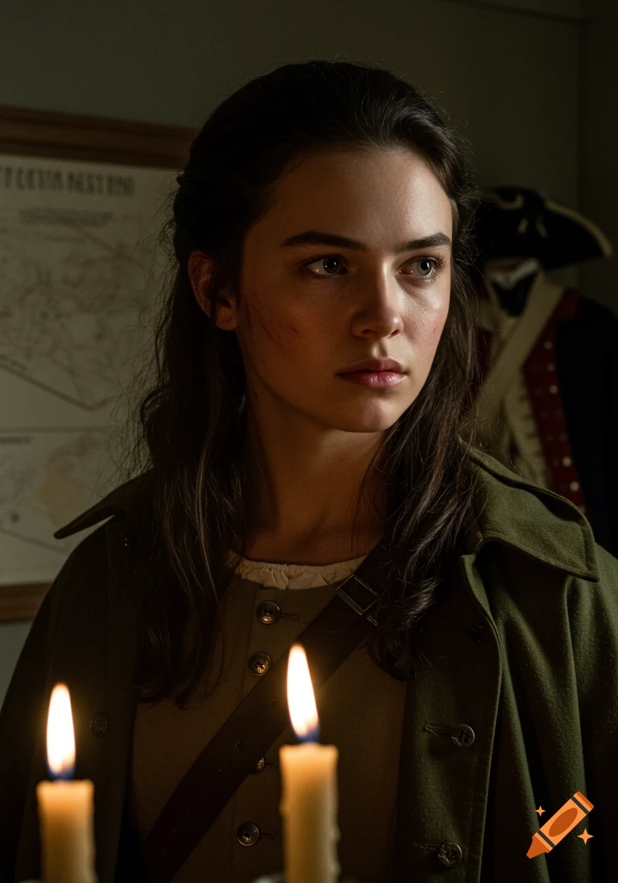 Photorealistic portrait of a determined young woman in colonial attire, lit dramatically by candlelight in a dim room.