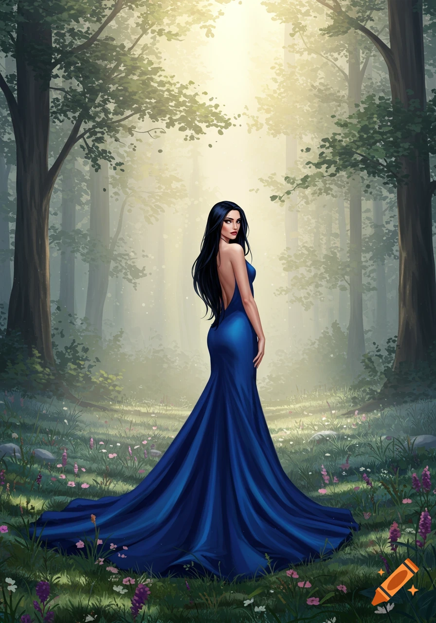 A woman with long black hair in a flowing backless blue gown stands in a sunlit fantasy forest.