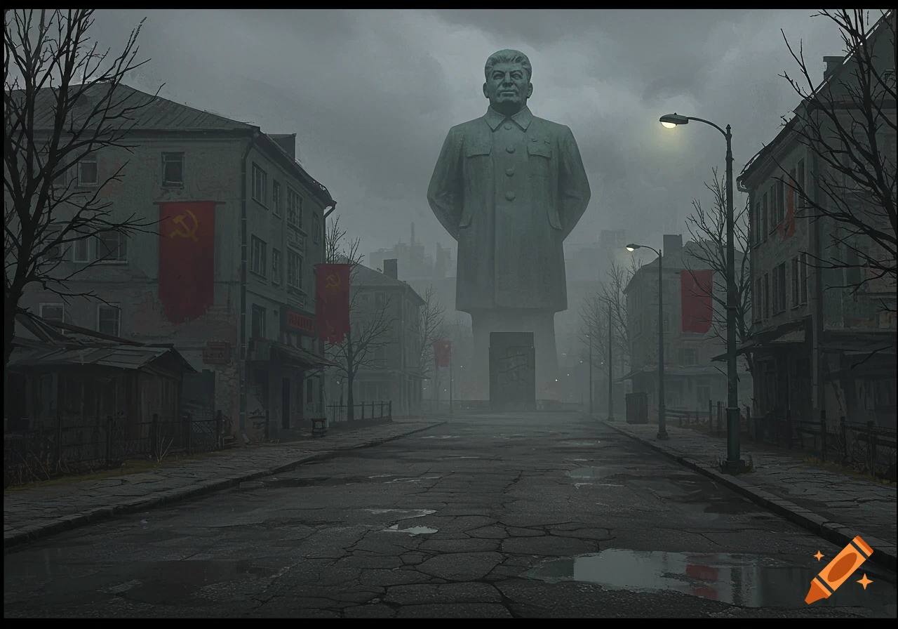 A colossal statue of Stalin stands stoically in a desolate, foggy USSR street with decaying buildings and red banners featuring the hammer and sickle symbol. The road is cracked and wet, under a gloomy sky, in a depressive art style.