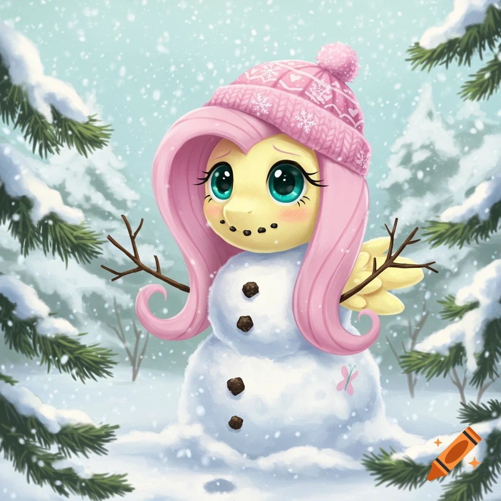 Cute cartoon Fluttershy as a snowman in a snowy forest, wearing a pink hat and smiling shyly.