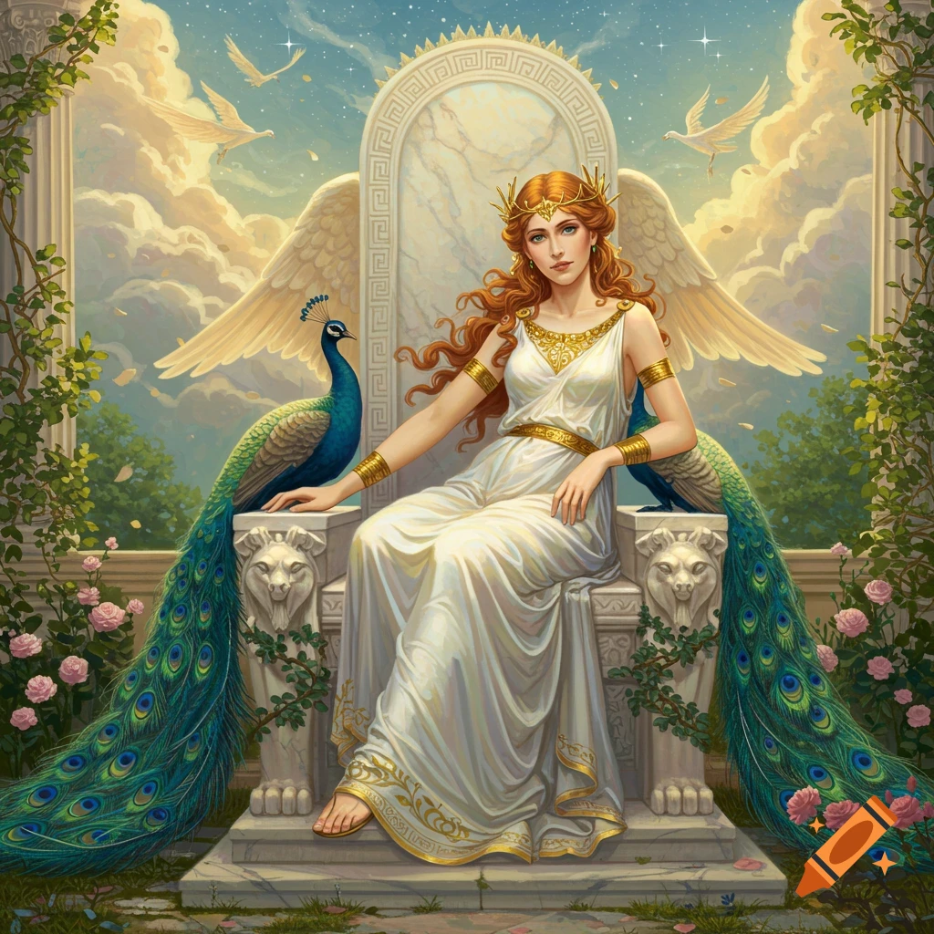 A red-haired goddess with golden attire and wings sits on a white marble throne, flanked by two peacocks.