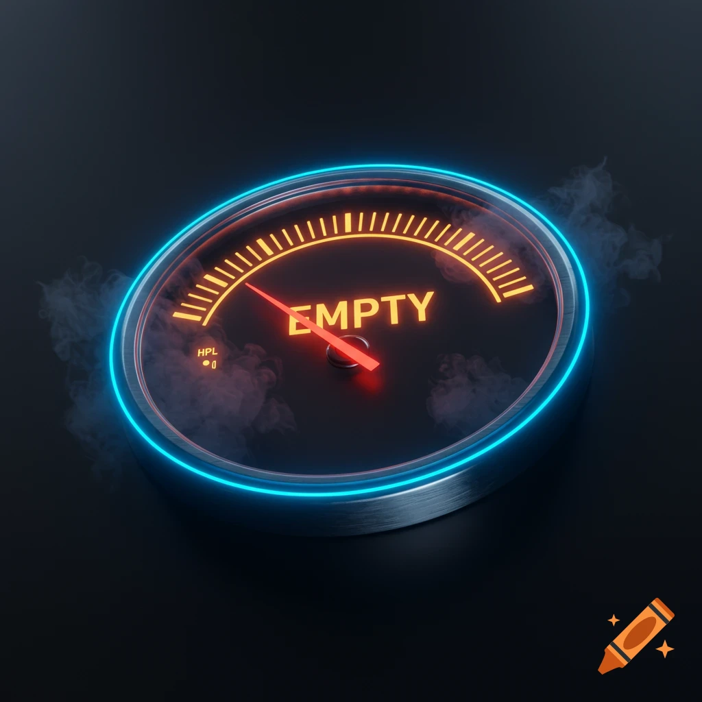A glowing digital gauge with a red needle pointing to 'EMPTY', surrounded by a blue neon ring and wisps of smoke.